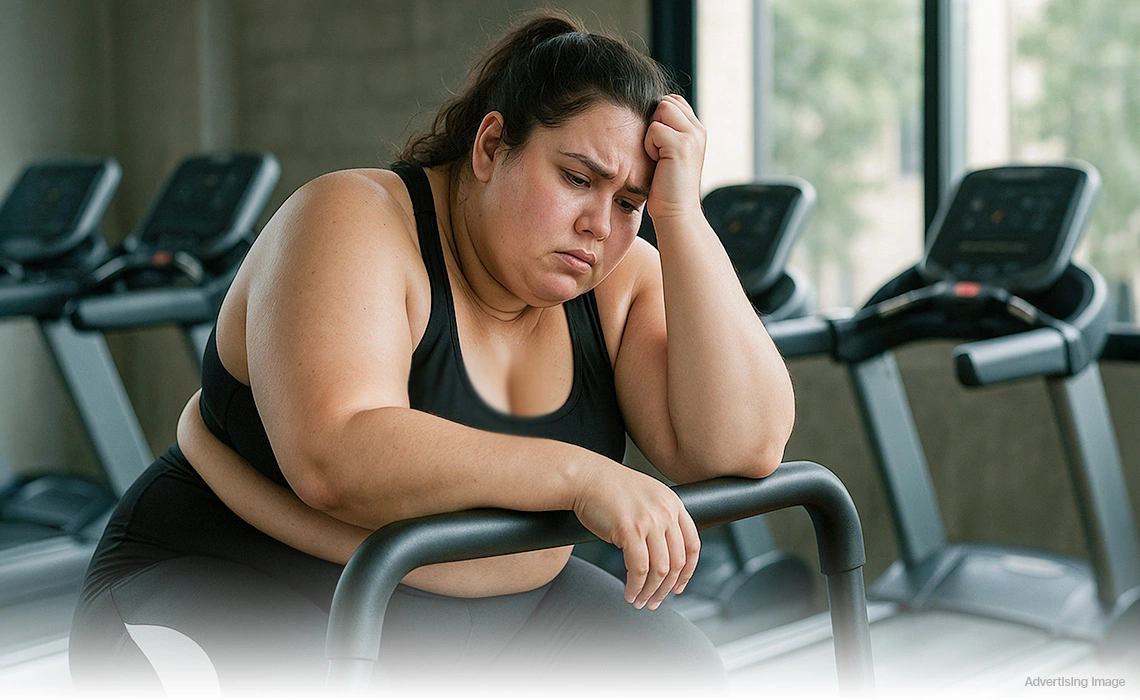 frustrated woman at gym struggling with stubborn fat despite healthy lifestyle coolshaping fat freezing fat reduction cryolipolysis body contouring alternative to weight loss surgery